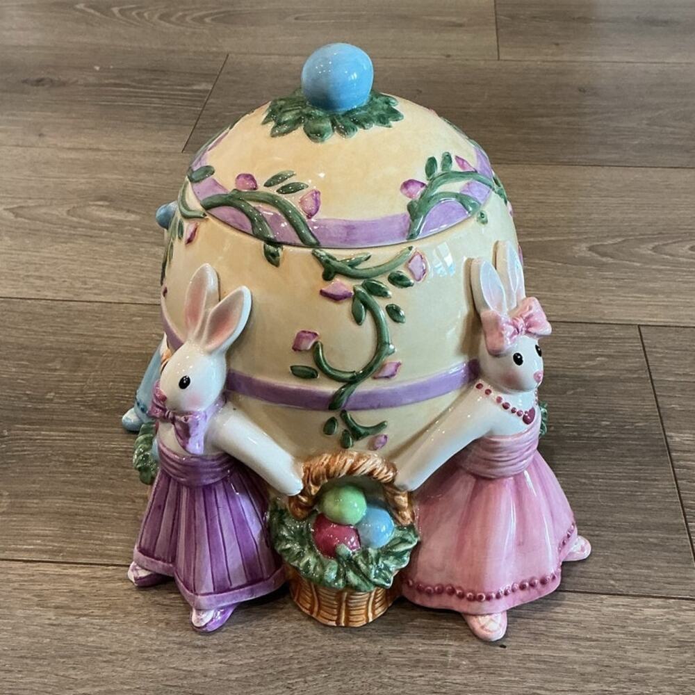 Fitz & Floyd Be Bop‎ Bunnies Cookie Jar Easter Spring Ceramic Cottagecore Farm